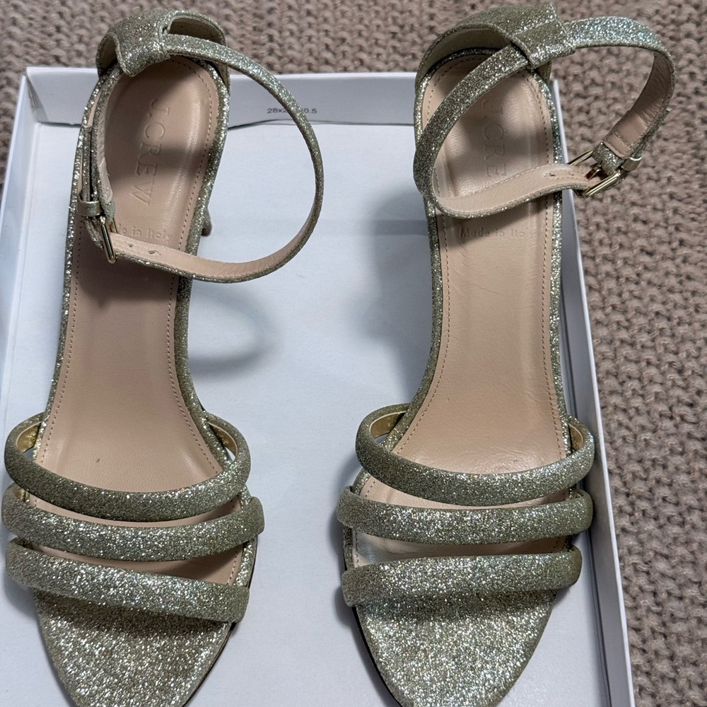J. Crew Glitter Strap Heels in Gold